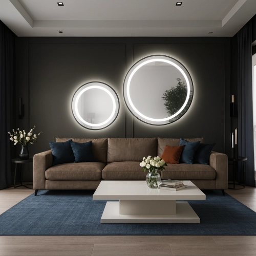 Zestaw okrągłych luster piaskowanych w ramie czarnej MDF SLIM z podświetleniem STELLA LED II - kolor ramy do wyboru